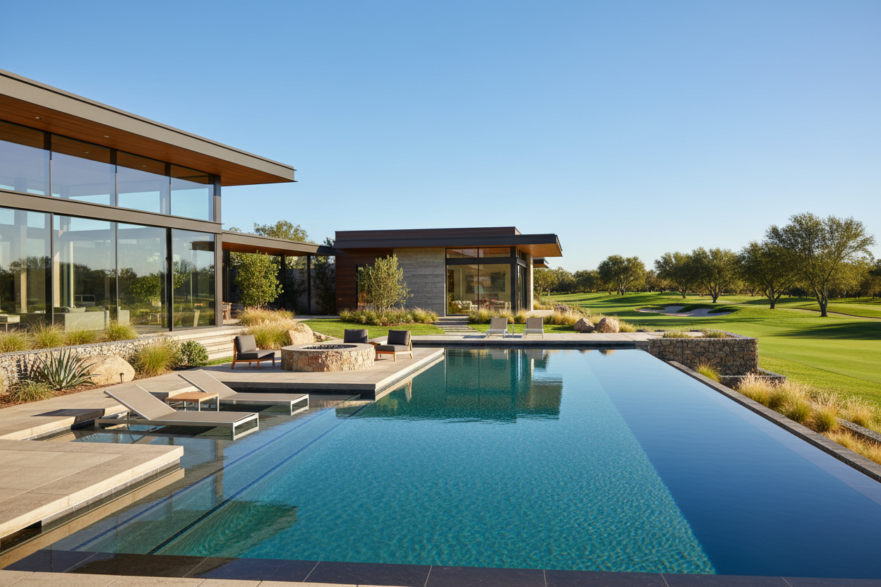 create a luxury resort style pool with a modern house, guest sweet, with a golf course behind it, do not add palm trees, also include a fire pit 