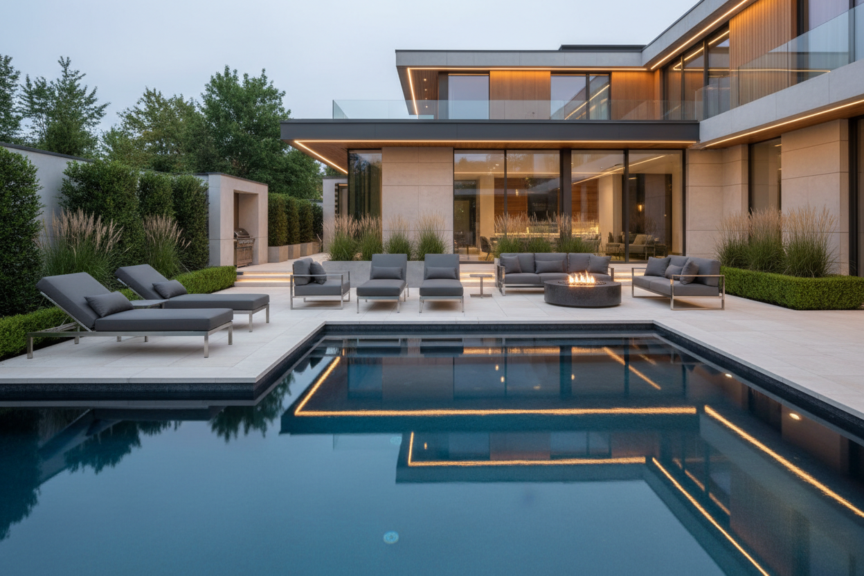 luxury pool with a modern house, patio furniture well organized like a resort, no palm trees, add a fire pit