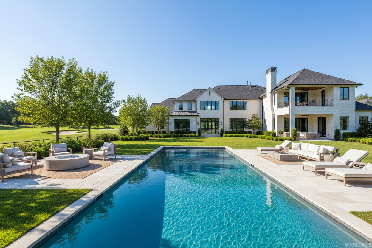 luxury style pool, add fire pit and guest house, White brick House with black windows, organized furniture, no palm trees, next to a golf course